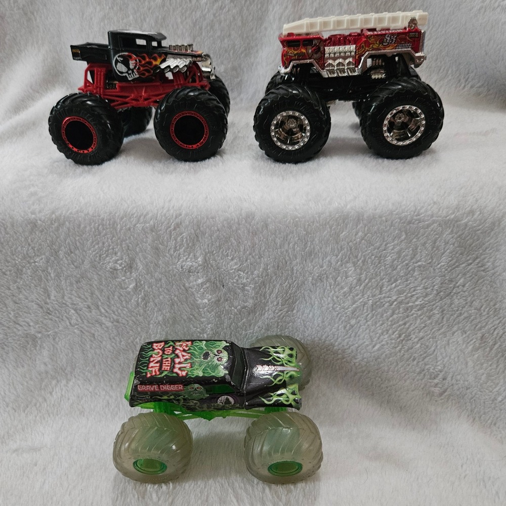 Hot Wheels Monster‎ Trucks Bone Shaker, Five Alarm, and Grave Digger Lot of 3